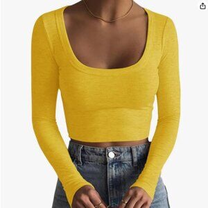 Women's Square Neck Long Sleeve Ribbed Slim Fitted Casual Basic Crop Top - Small